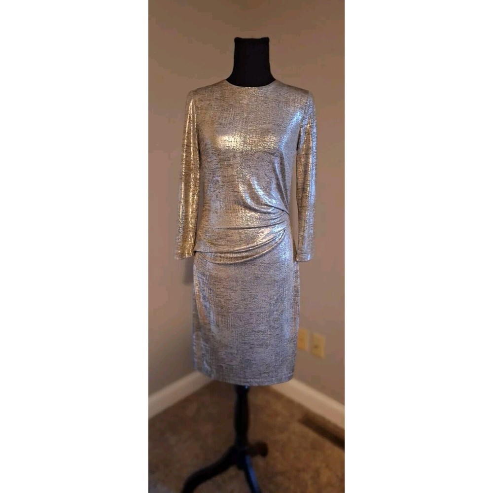 Vince Camuto Sheath Dress Ruched Metallic Long Sleeve Cocktail Size 4, Gorgeous